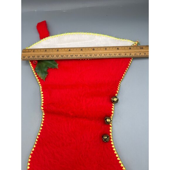 Vintage Christmas Stocking High Heel Boot with Bells and Holly Soft Fur 15" Tall - Picture 2 of 9